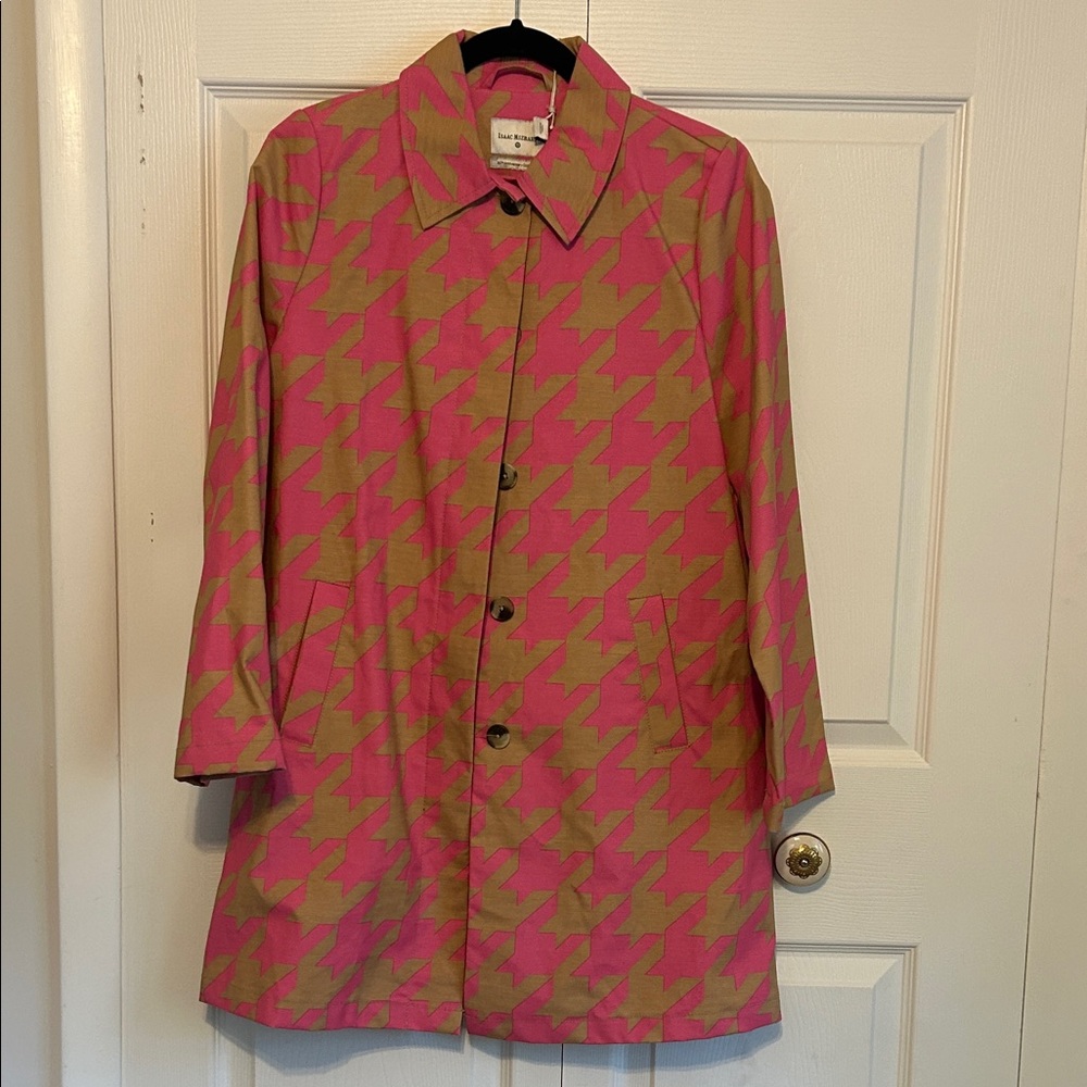 Isaac Mizrahi Vibrant Pink and Tan Houndstooth Trench Coat